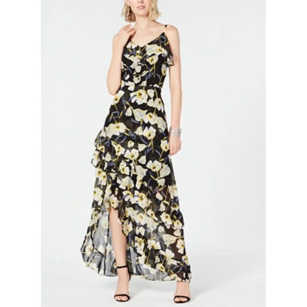 I.N.C International Concepts Women Floral Asymmetrical Ruffle Hem Dress Size 10